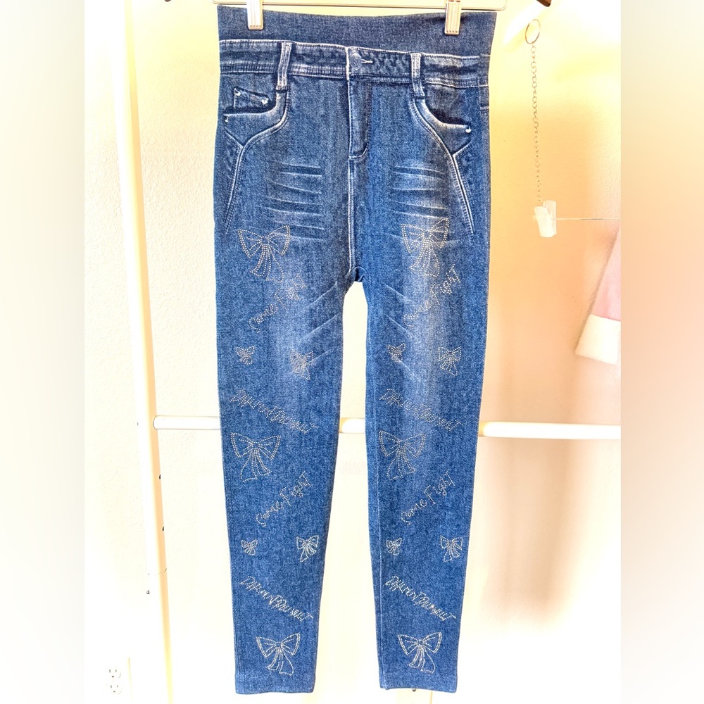 Faux denim rhinestone leggings